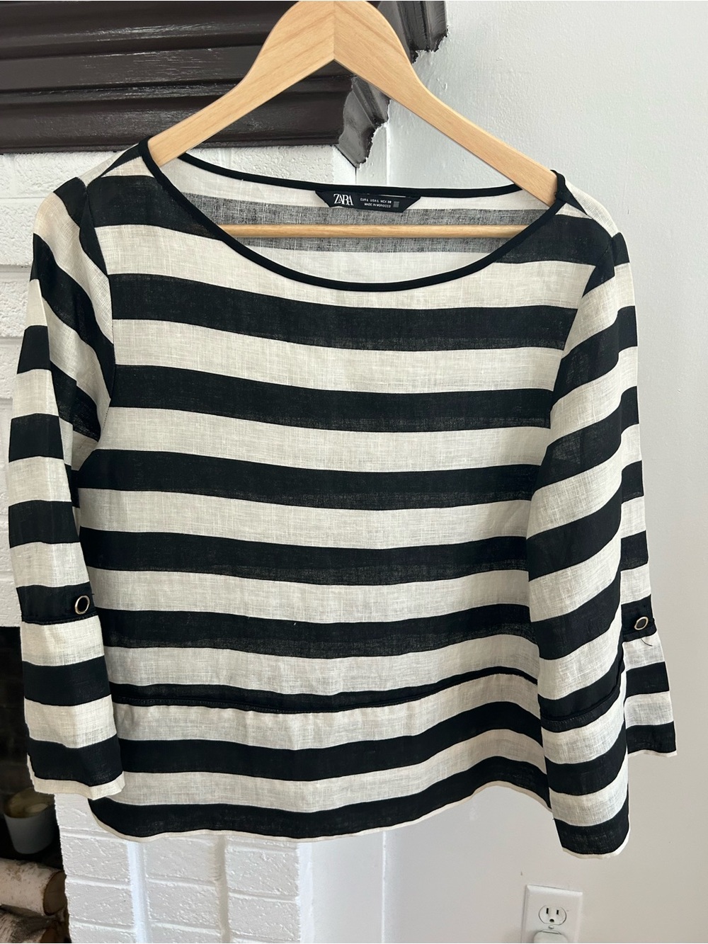 Zara Linen Black & White Striped Boatneck Top Size L